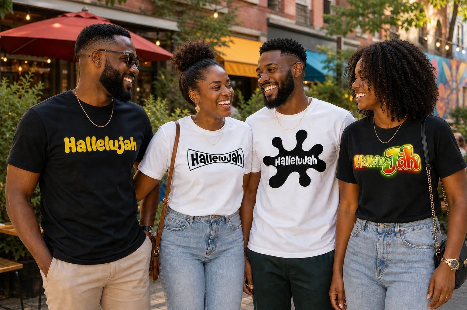 Friends wearing Divine Apparel HalleluJah shirts in a colourful Montréal neighbourhood