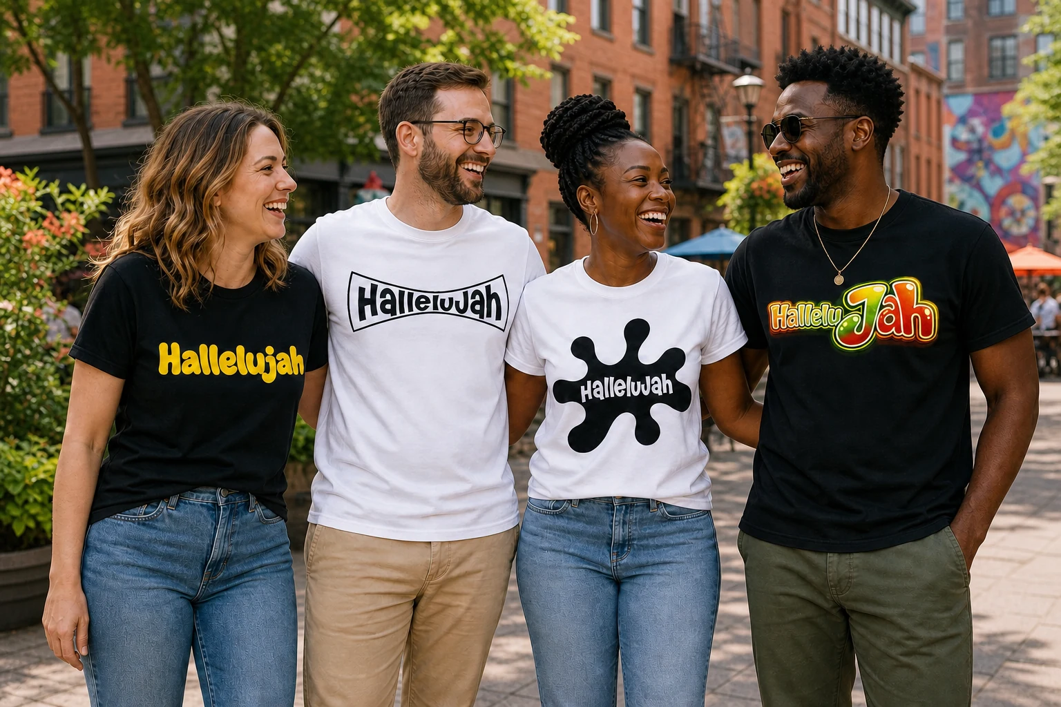 Friends wearing the Divine Apparel HalleluJah collection in a Montréal plaza