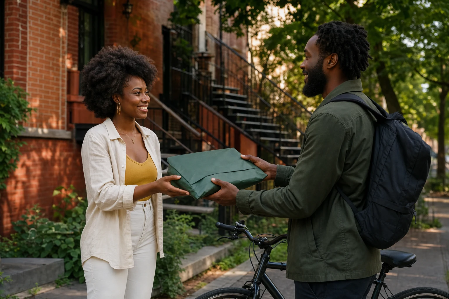 A local bicycle courier handing a deep-green apparel parcel to a customer outside a Montréal apartment