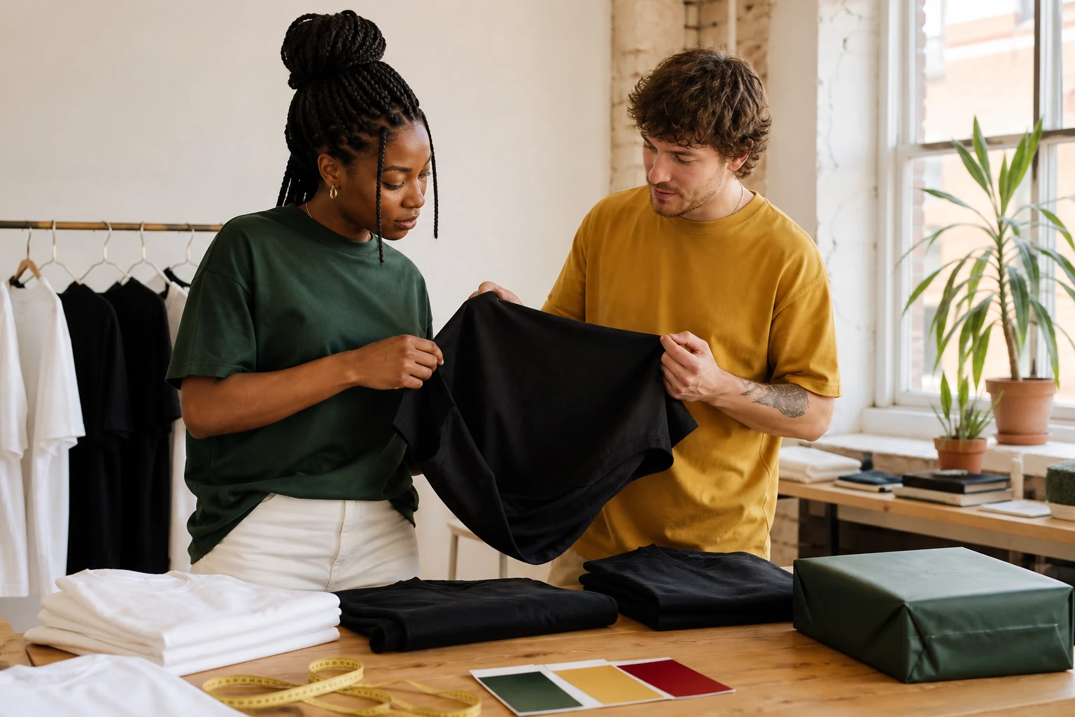 Two shoppers comparing the fit and fabric of a black T-shirt in a Montréal apparel studio