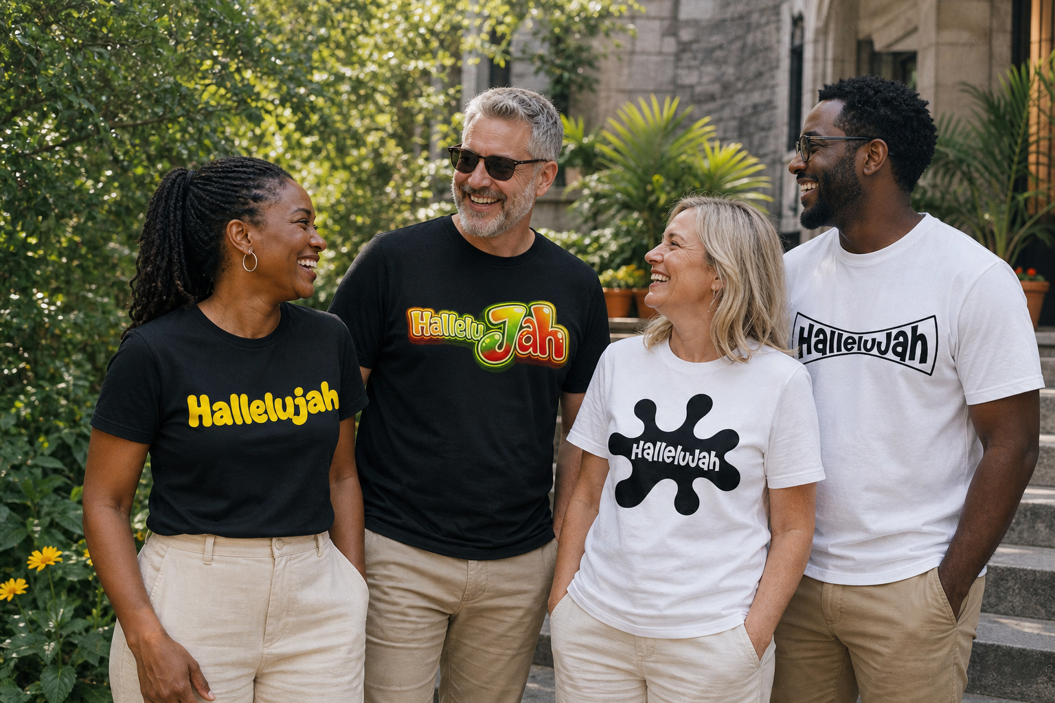Adults across generations wearing Solid, Wave, Splat and Rasta HalleluJah T-shirts