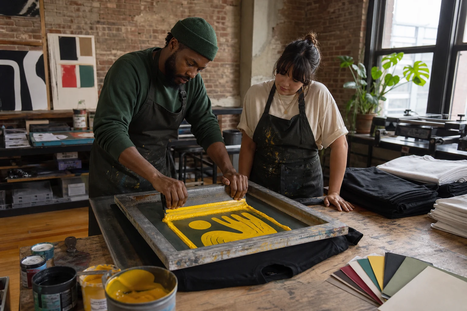Two apparel designers screen-printing a yellow graphic onto a black T-shirt in a Montréal studio