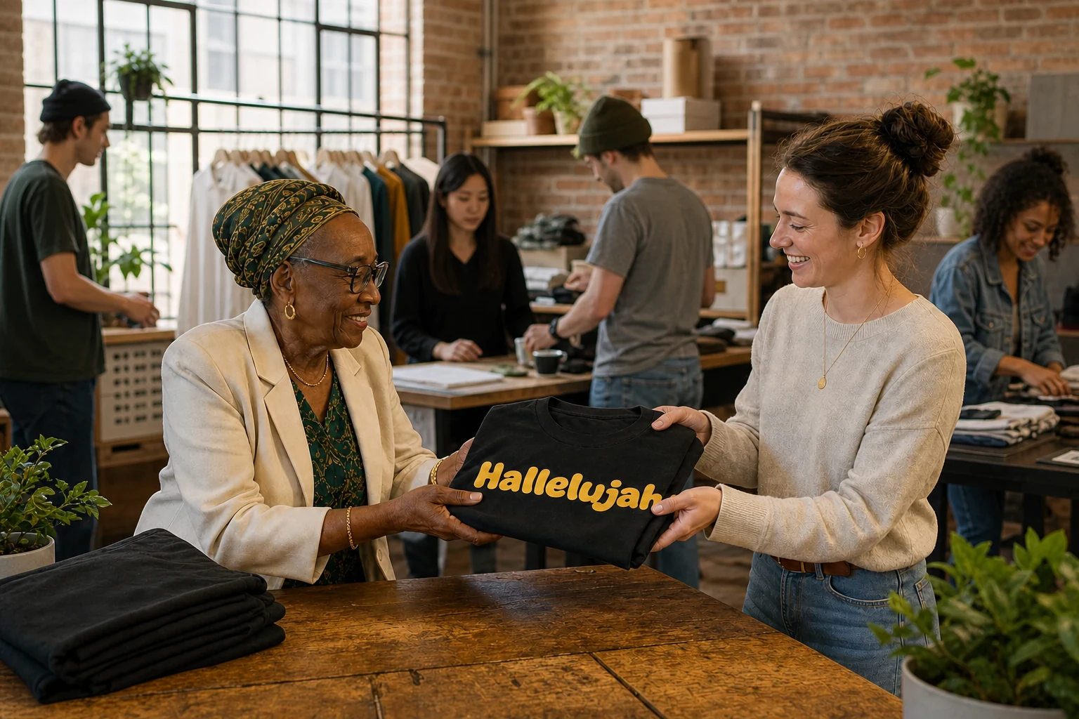 An older Jamaican-Canadian designer and a younger team member sharing a folded HalleluJah T-shirt in a Montréal studio