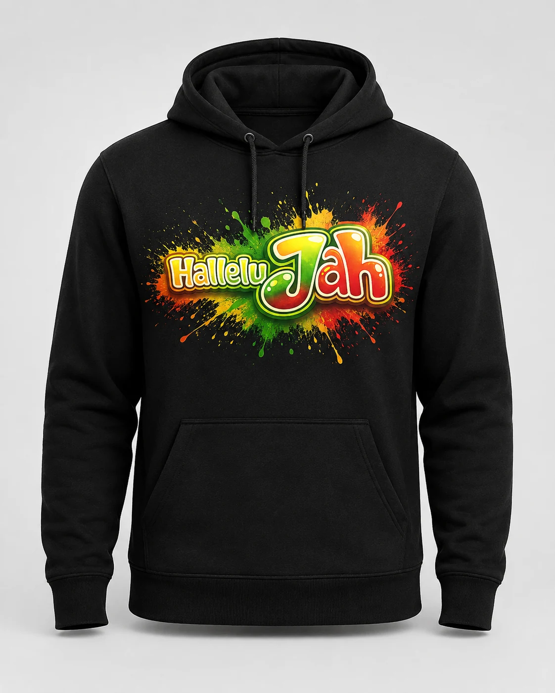 Black pullover hoodie with colourful Hallelu Jah paint-splash graphic
