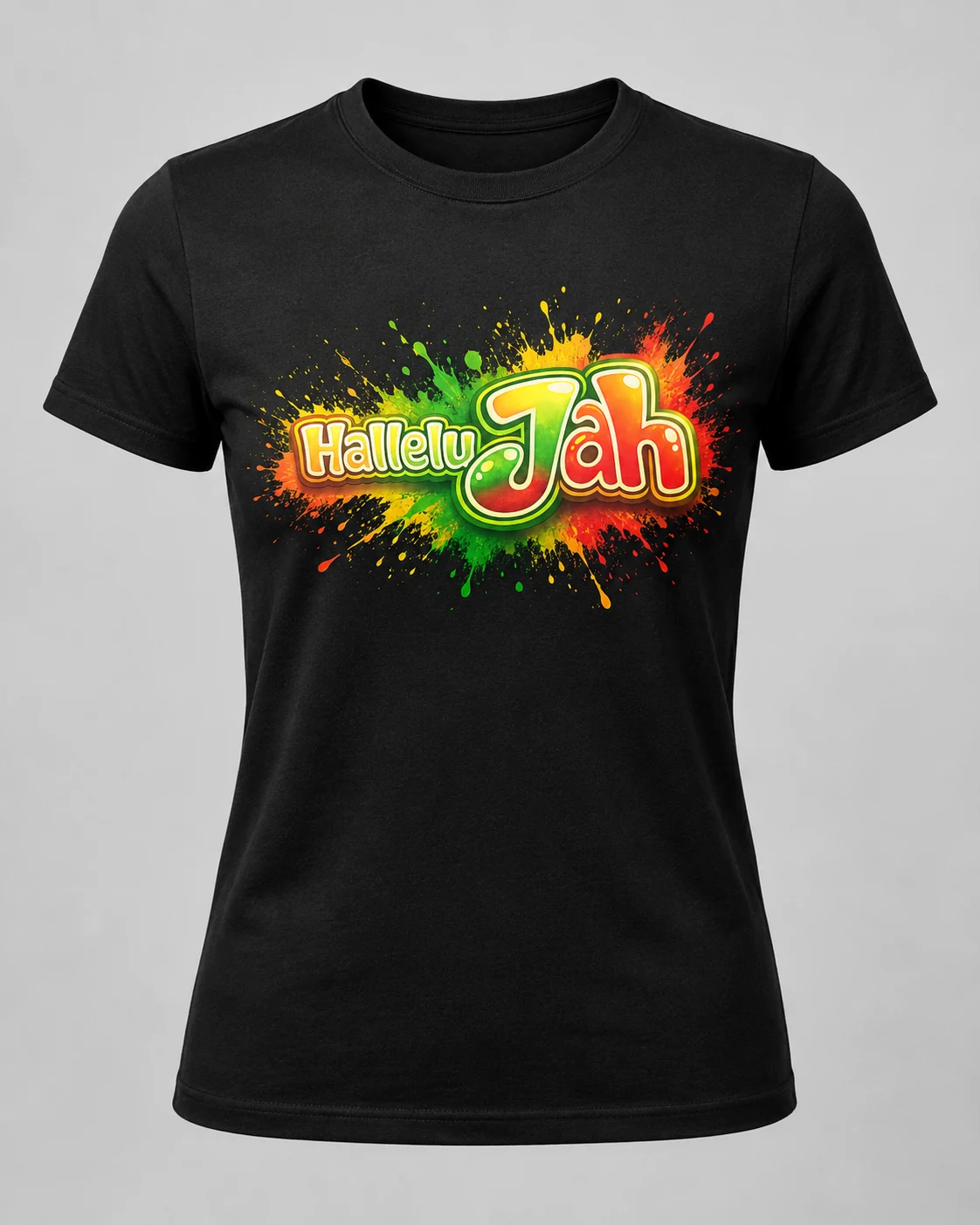 Black crew-neck T-shirt with colourful Hallelu Jah paint-splash graphic